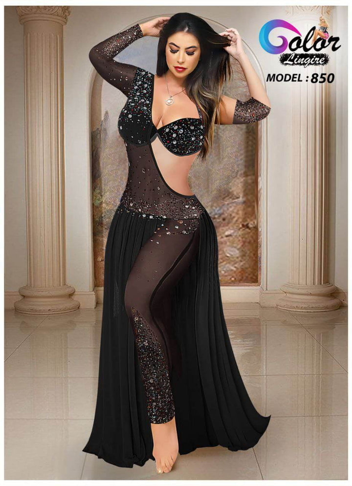 Belly Dance Suit Made Of Embroidered Tulle With Lycra - With One Sleeve - Divarouj