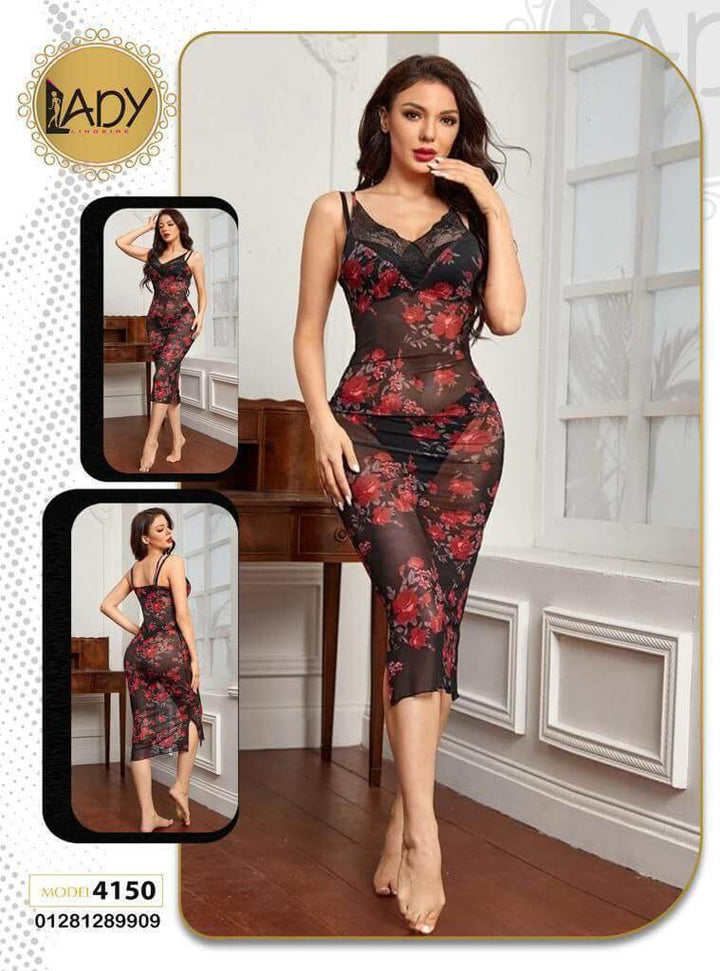 Women's Floral Print Sheer Mesh Split Hem Cami Night Dress Sleepwear - Divarouj