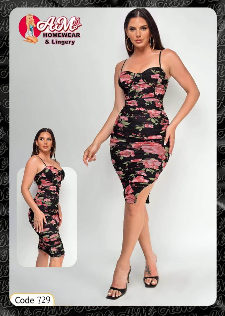 Black Pink Floral Mesh Ruched Midi Dress - Divarouj