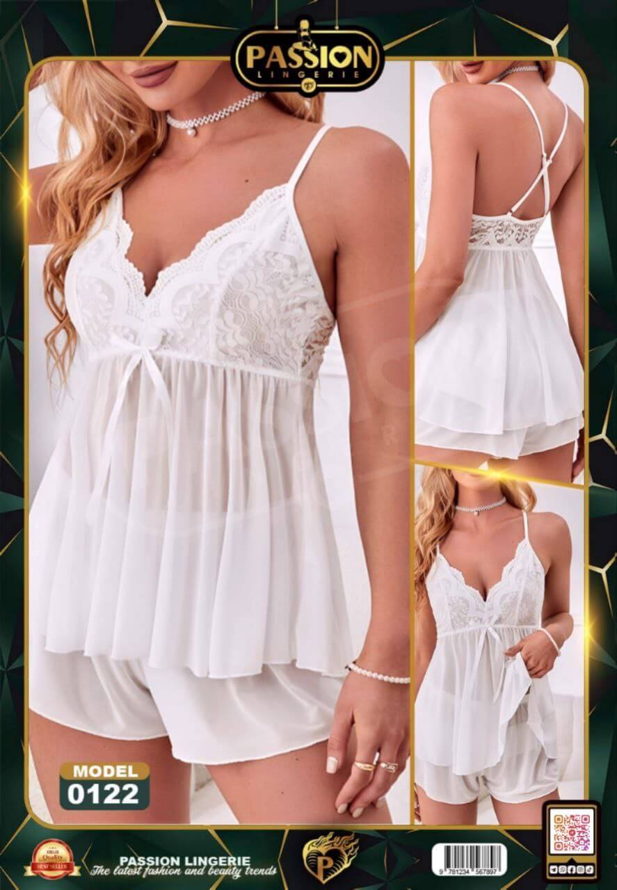 Two-Piece Pajama Made Of Chiffon With Lace At The Chest - Open Back - Divarouj