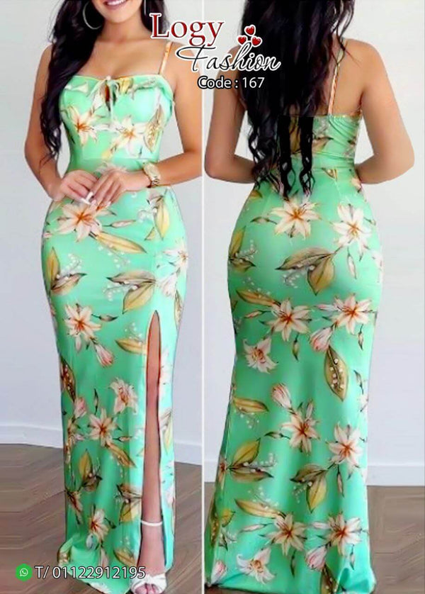 Long dress made of floral Lycra, open on one side