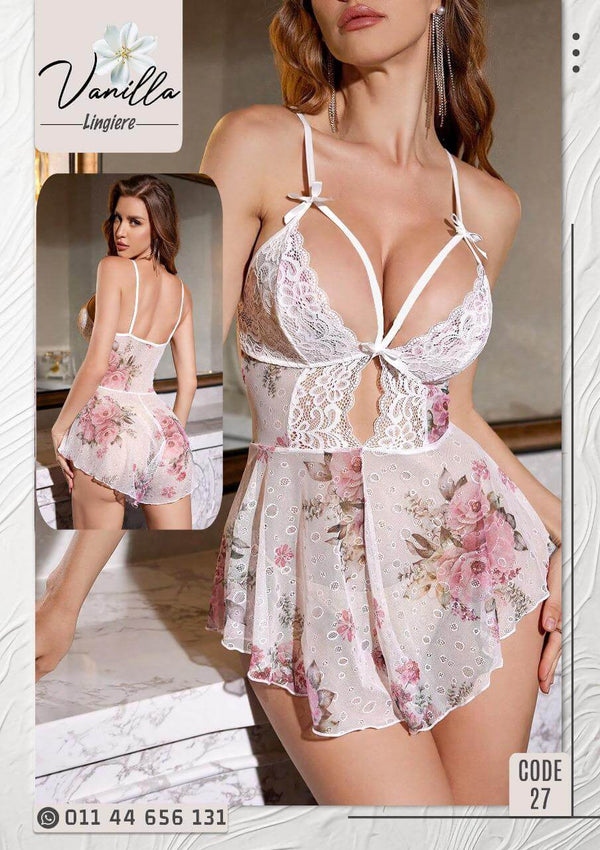 Flower-patterned mini nightgown dress lingerie for women's