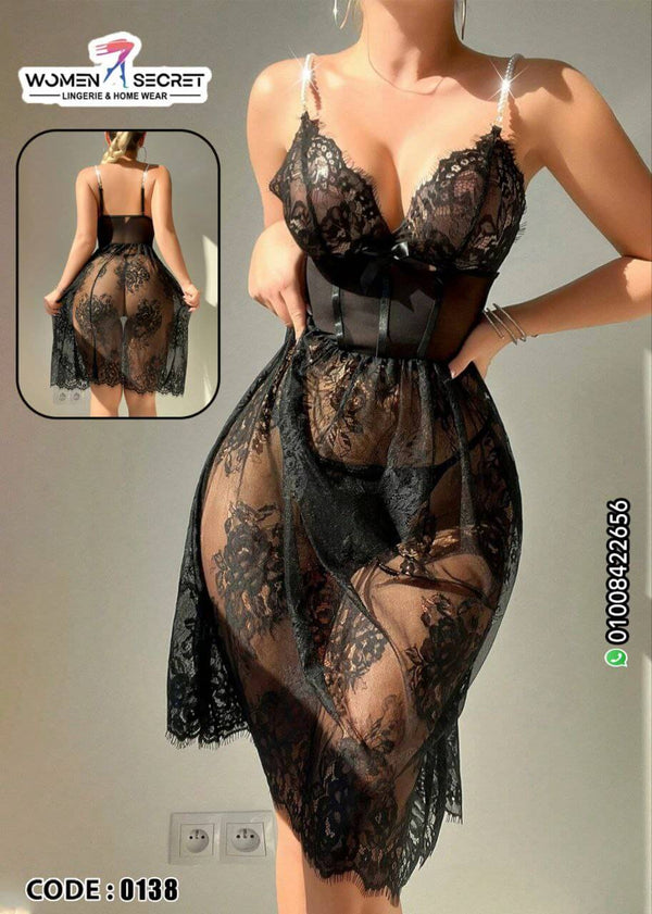 2pcs/Set Lace & Pearl Decorated Slim Midi Nightgown + Thong Underwear