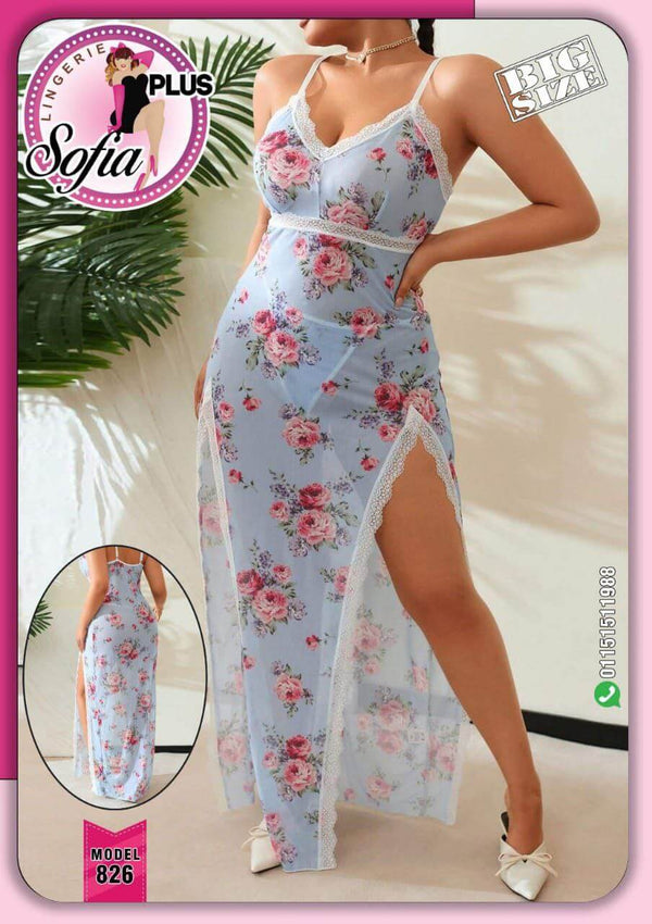 big size Two-piece long lingerie made of floral chiffon with open sides and lace around the edges