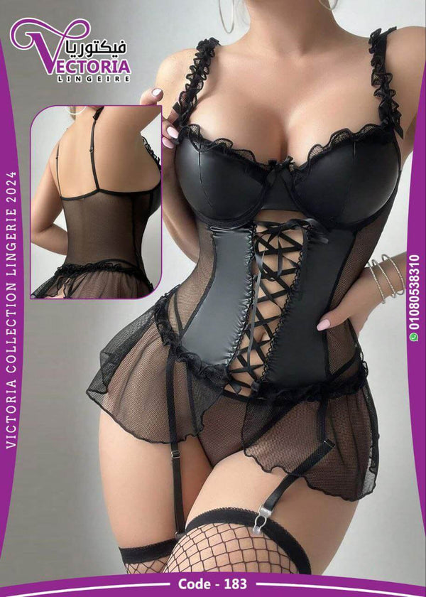 Leather and tulle lingerie with front tie - with long net socks