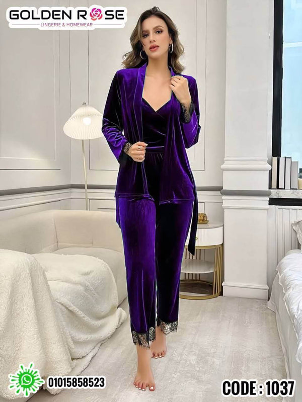 Contrast Lace Belted Velvet PJ Set