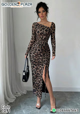 فستان نسائي أنيق مع طبعة الفهد للرقبة غير المتماثلة وخصر مشدود وكم طويل مطوي، فستان كامل الطول بتصميم ضيق للجسم