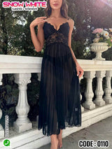 Long nightgown evening dress with contrasting lace and front bow