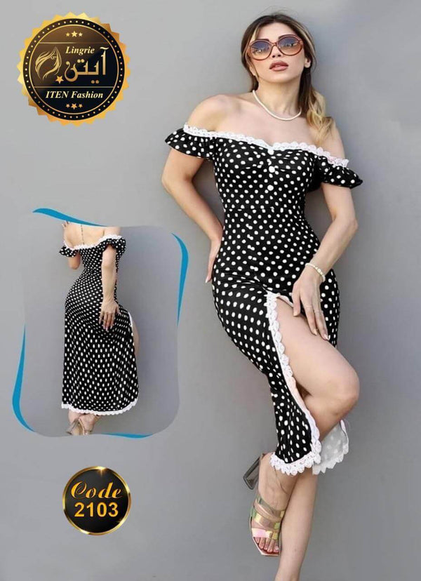 Long Dress Lingerie - Black Polka Dot White - Women