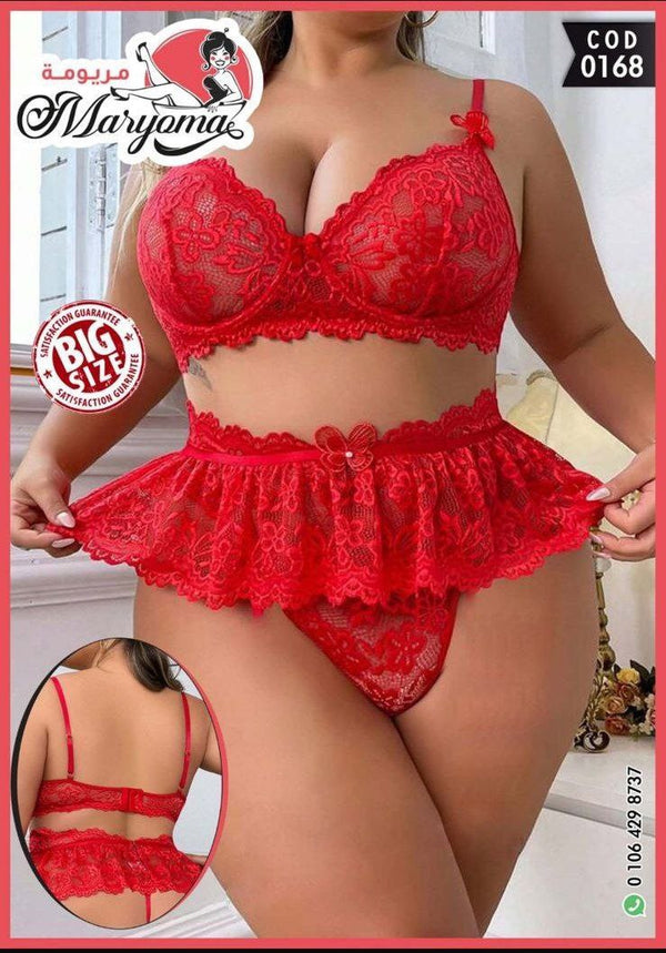 ❤️🔥 طقم لانجري دانتيل أحمر - كود 0168 - BIG SIZE