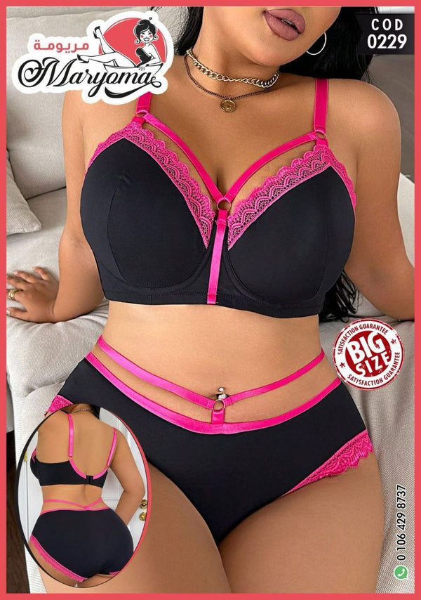 🖤💖 طقم لانجري أسود × فوشيا سترب - كود 0229 | LINGERIE - BIG SIZE
