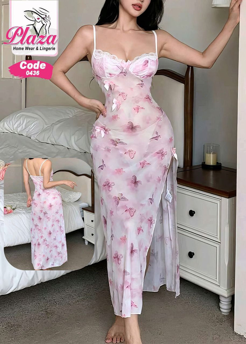 💗 فستان لانجري ناعم بطبعة فراشات وردية - كود 0436 | LINGERIE