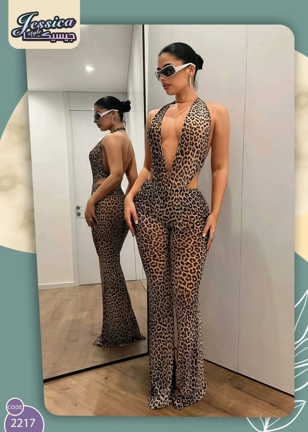 Fierce Leopard Print Backless Jumpsuit | Style 2217