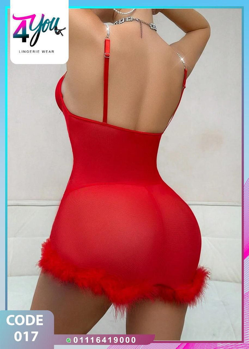 Red Lingerie Dress with Feather Trim – Code 017