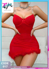 Red Lingerie Dress with Feather Trim – Code 017