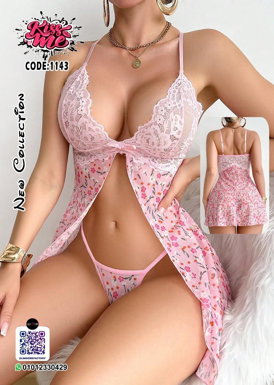 💗 قميص نوم دانتيل وردي - موديل 1143