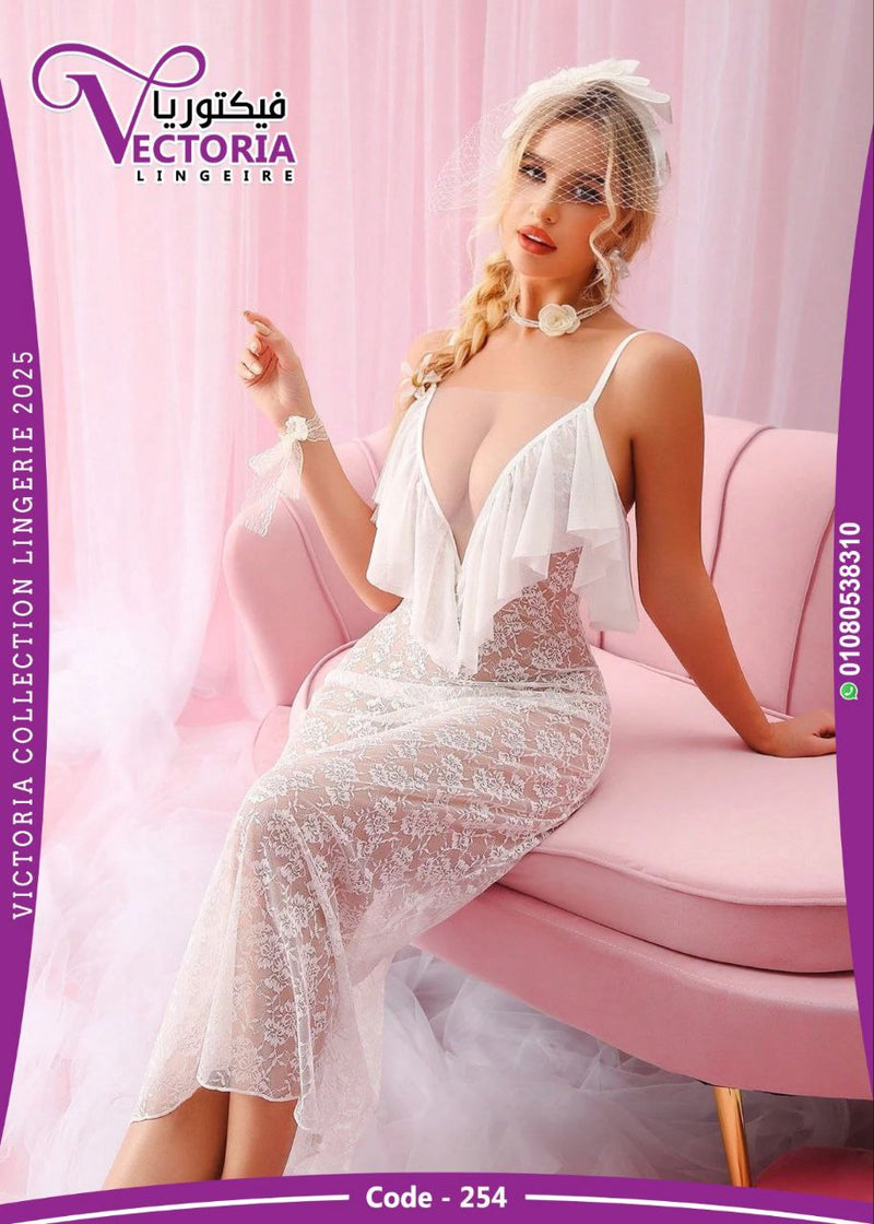 White Lace See-Through Lingerie Dress with Ruffles – Romantic Bridal Nightwear – Victoria 2025 Collection