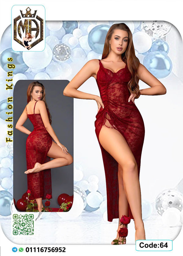 Seductive Red Lace Nightgown – Elegant Transparent Lingerie Dress with Side Slit | Code 64