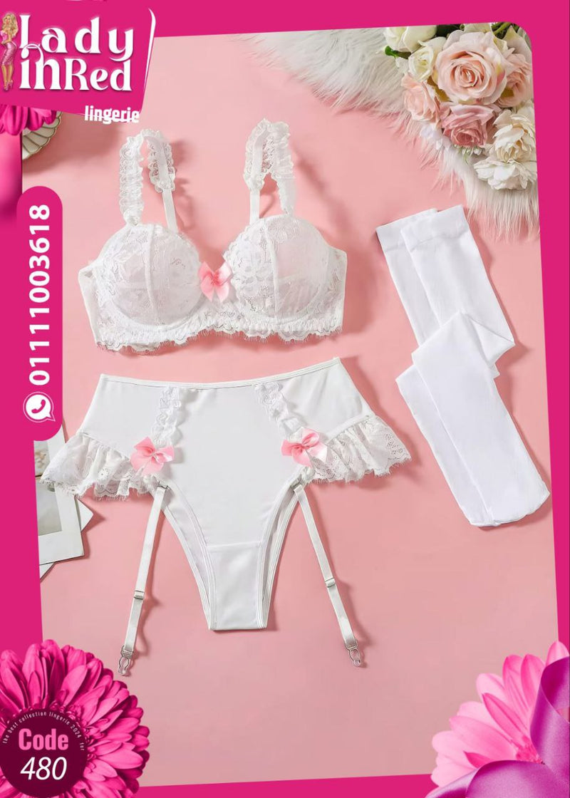 White Lace Bridal Lingerie Set with Stockings – Free Size (Code 480)