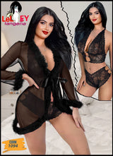 Black Lace 3-Piece Lingerie Set with Sheer Robe – Code 1094