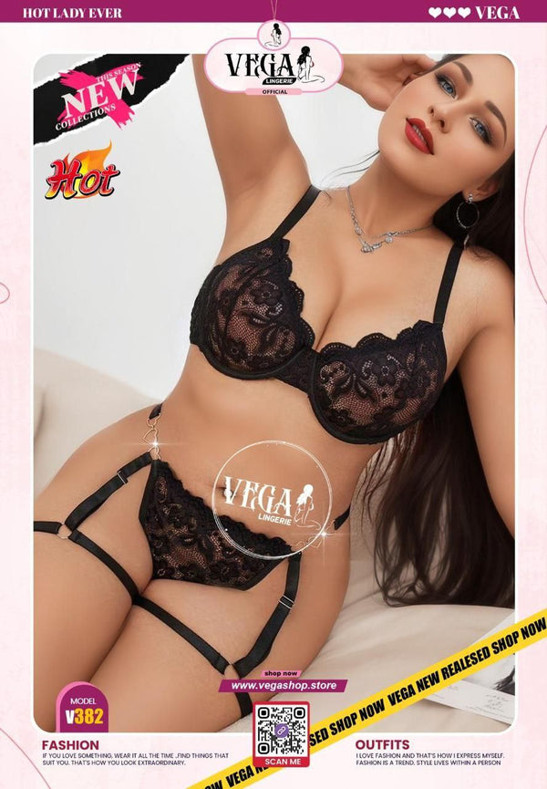 Black Lace Lingerie Set with Garter Straps – Vega Lingerie V382