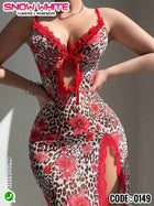 Leopard & Floral Print Long Lingerie Dress – Snow White 0149 | Sexy Nightwear with Side Slit