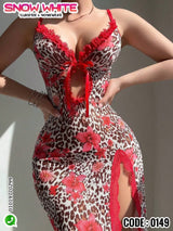 Leopard & Floral Print Long Lingerie Dress – Snow White 0149 | Sexy Nightwear with Side Slit