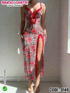Leopard & Floral Print Long Lingerie Dress – Snow White 0149 | Sexy Nightwear with Side Slit