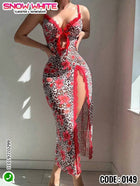 Leopard & Floral Print Long Lingerie Dress – Snow White 0149 | Sexy Nightwear with Side Slit