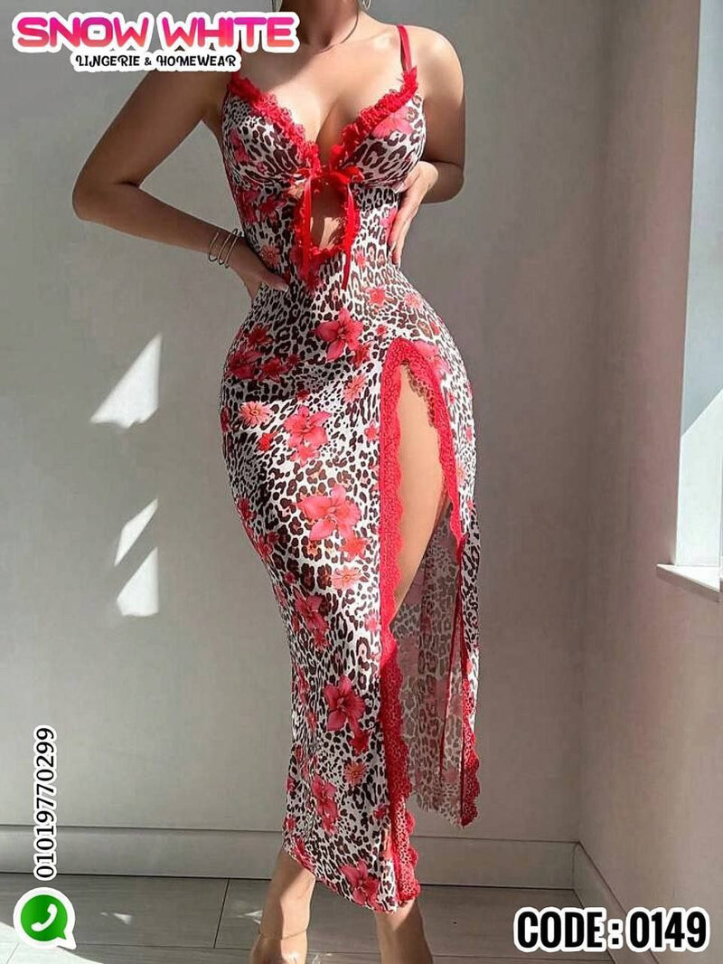 Leopard & Floral Print Long Lingerie Dress – Snow White 0149 | Sexy Nightwear with Side Slit