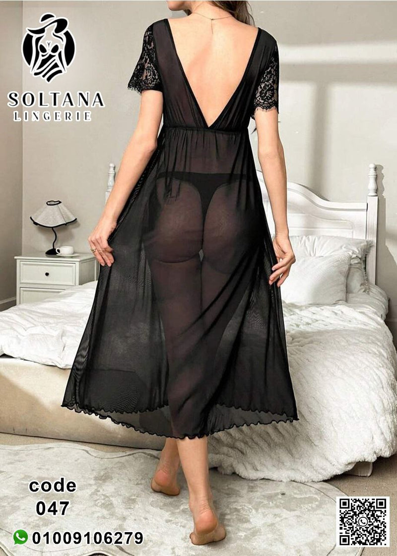Black Sheer Long Nightdress with Lace Top – Lingerie 047 | Sexy Transparent Lingerie