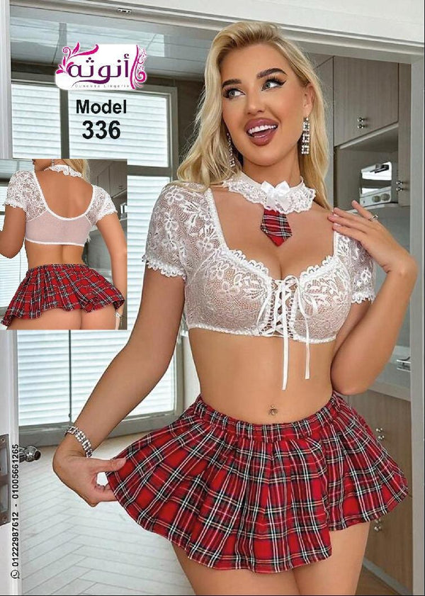 Sexy Schoolgirl Lingerie Set with Lace Top & Plaid Mini Skirt – Lingerie 336