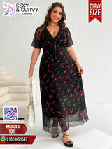 Sexy & Curvy Plus Size Black Maxi Lingerie Dress with Cherry Print – Model 101