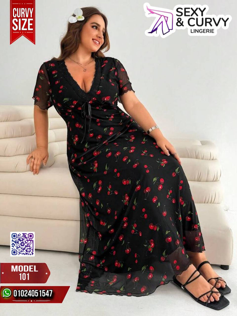 Sexy & Curvy Plus Size Black Maxi Lingerie Dress with Cherry Print – Model 101