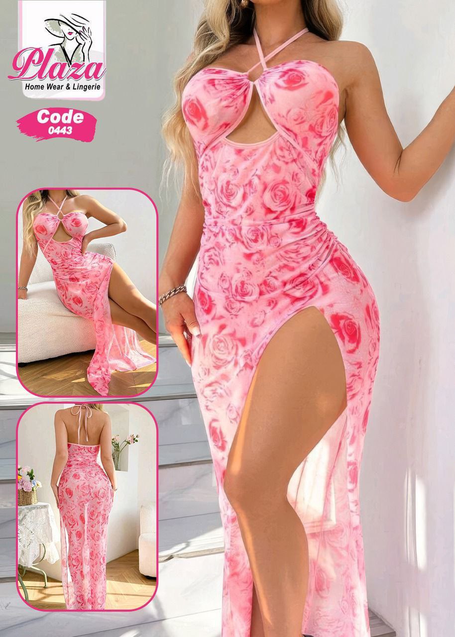 Pink Rose Print Long Lingerie Dress with High Slit – Code 0443