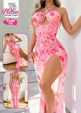 Pink Rose Print Long Lingerie Dress with High Slit – Code 0443