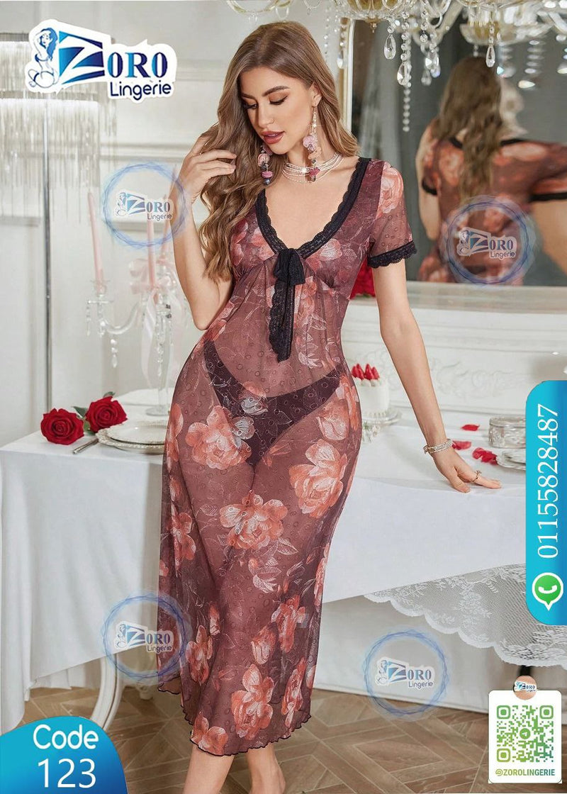 Sheer Floral Night Dress with Black Lace Trim – Code 123