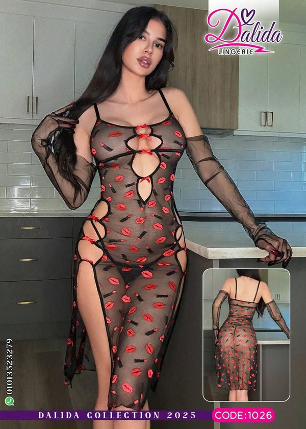 🔥 Sexy Black Sheer Dress with Red Lip Print & Gloves