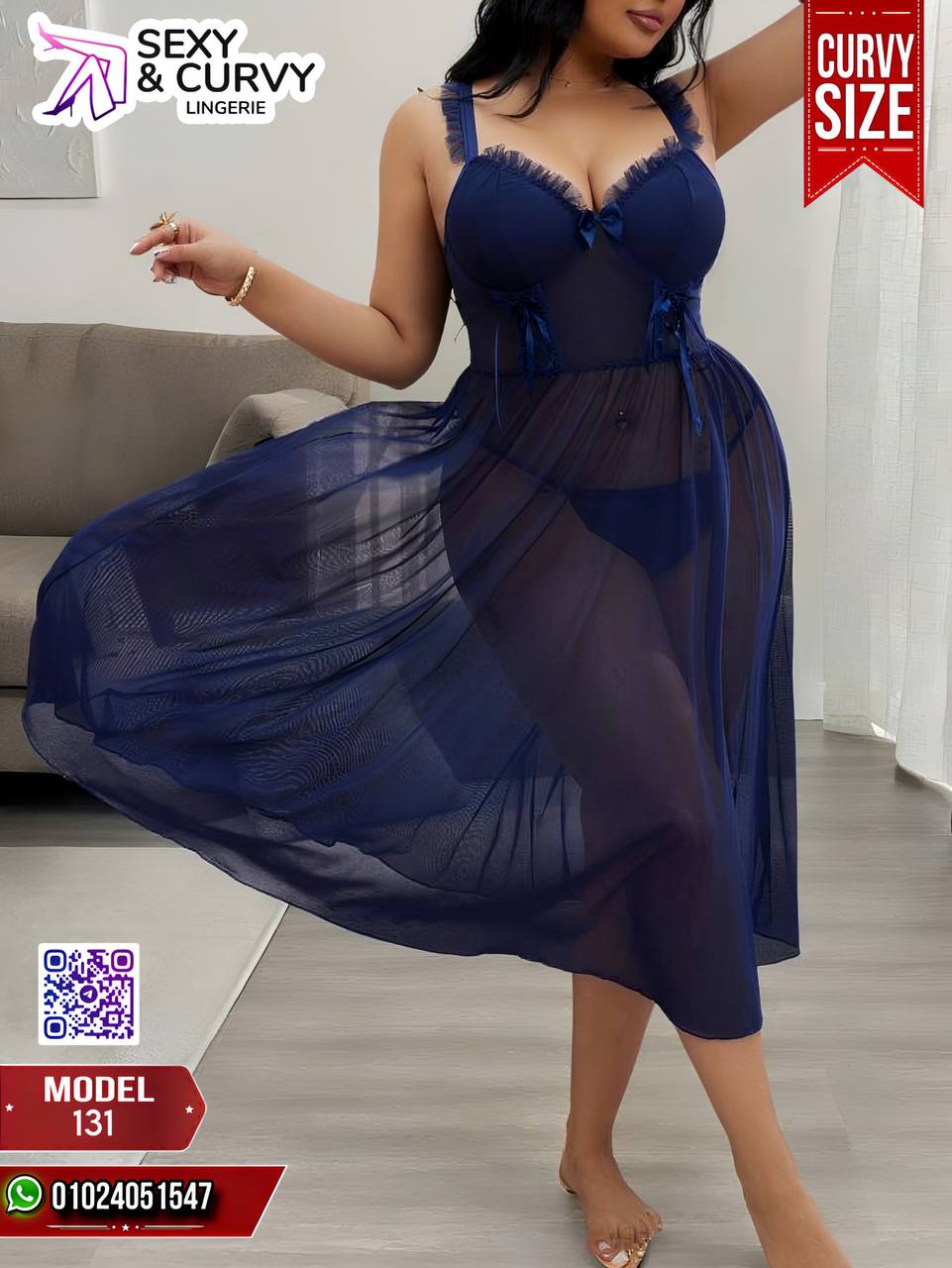 💙 Sexy & Curvy Lingerie – Model 131 | Navy Blue Sheer Nightdress (Curvy Size 85–120kg)