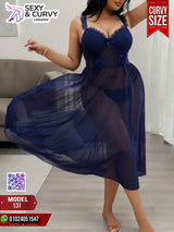 💙 Sexy & Curvy Lingerie – Model 131 | Navy Blue Sheer Nightdress (Curvy Size 85–120kg)
