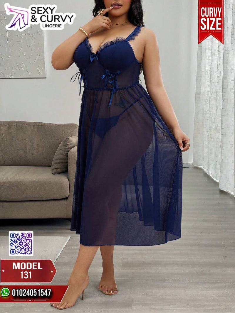 💙 Sexy & Curvy Lingerie – Model 131 | Navy Blue Sheer Nightdress (Curvy Size 85–120kg)