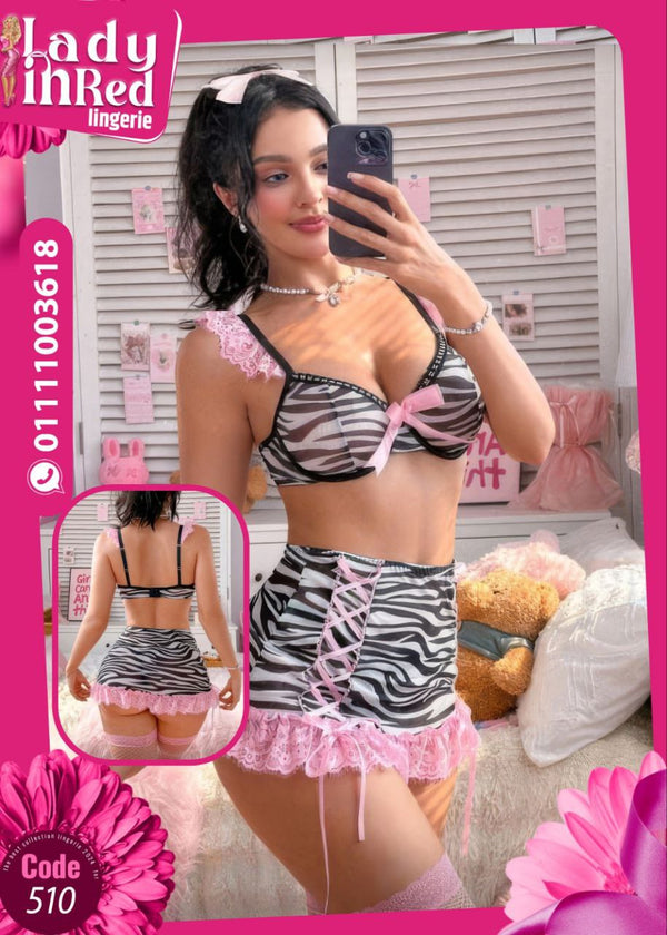 طقم لانجري زيبرا مع دانتيل وردي – Code 510