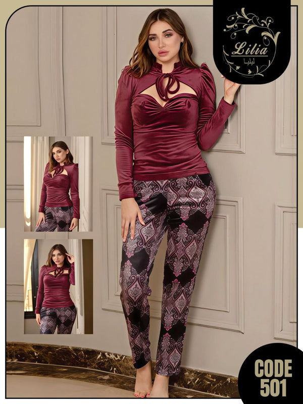 طقم بيت شيك قطعتين خامة مخمل + بنطلون مطبوع – Code 501