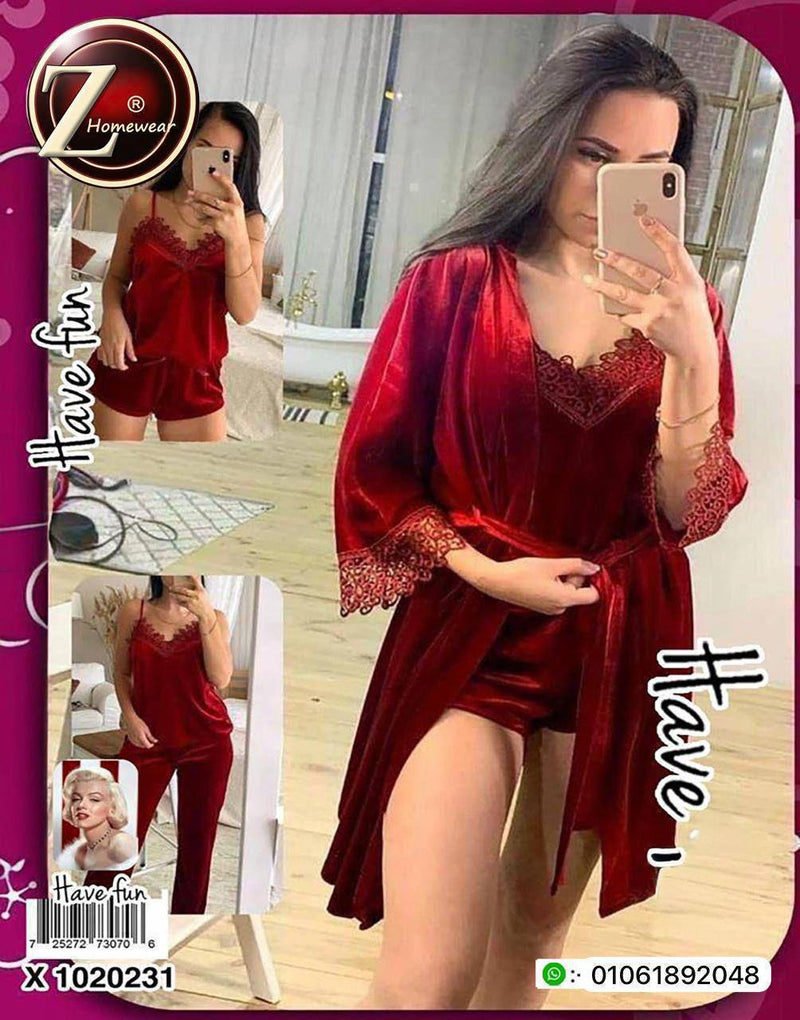 طقم قطيفة ناعم 3 قطع دانتيل – شورت + توب + روب | X 1020231