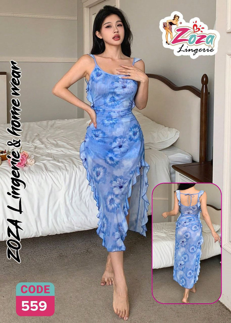 فستان لانجري شيفون طويل – نقشة زهور سماوي | CODE 559