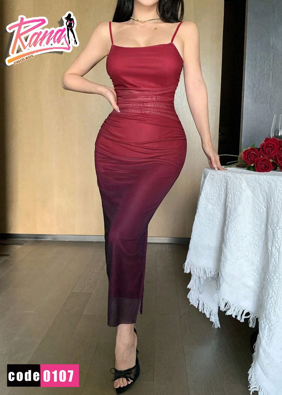 فستان لانجري طويل – سترب كت بلون خمري جذاب | CODE 0107