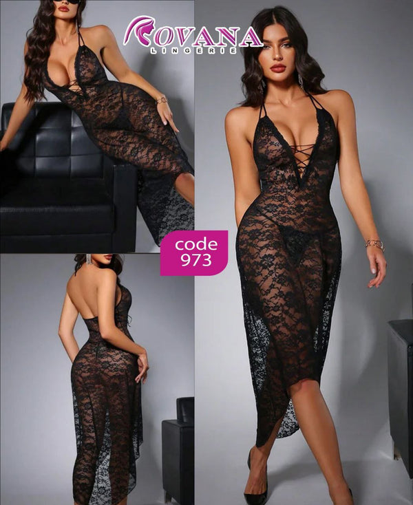 فستان لانجري دانتيل أسود طويل – تصميم مفتوح بحمالات | CODE 973