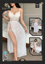White Lace & Sheer Long Babydoll – Elegant Flow Design