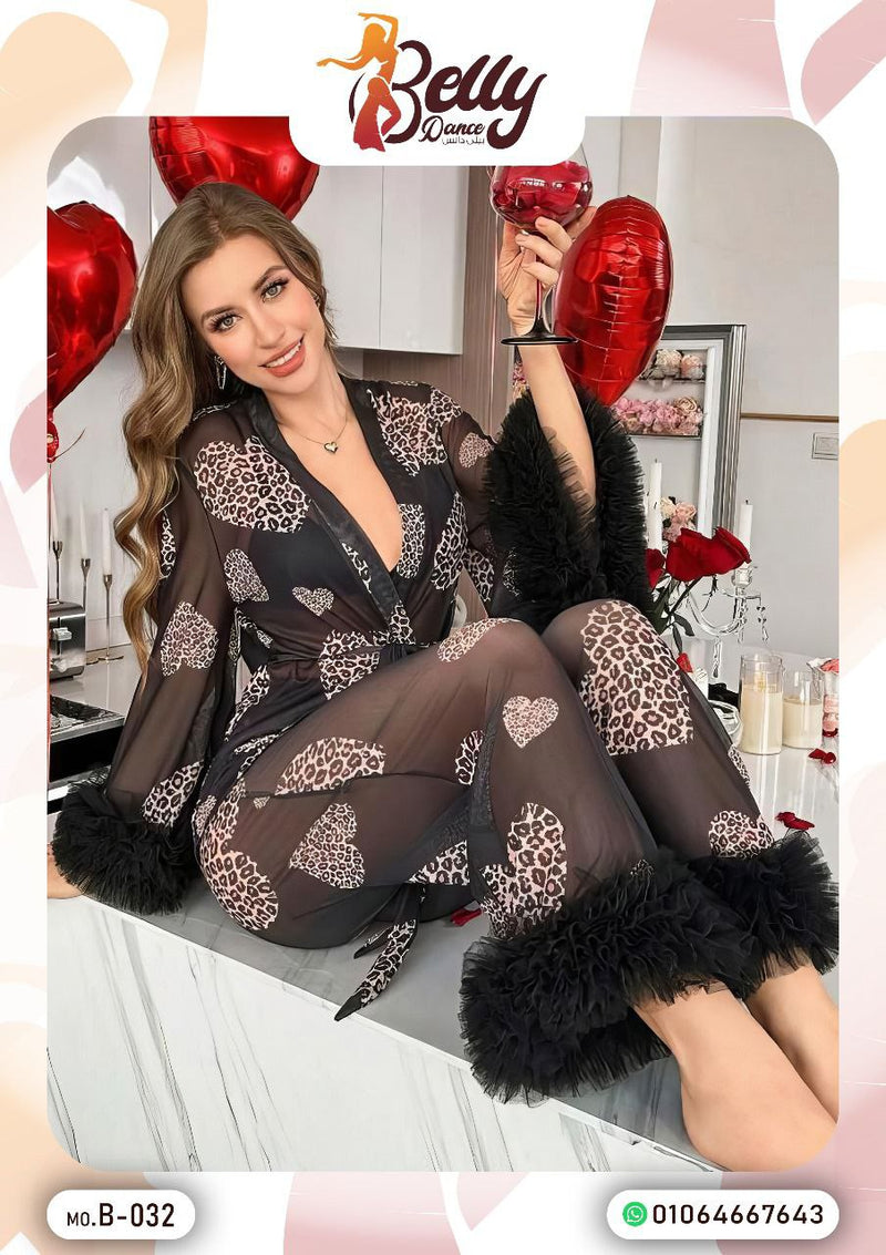 🖤 Sheer 2-Piece Lounge Set with Faux Fur Trim – Leopard Heart Print