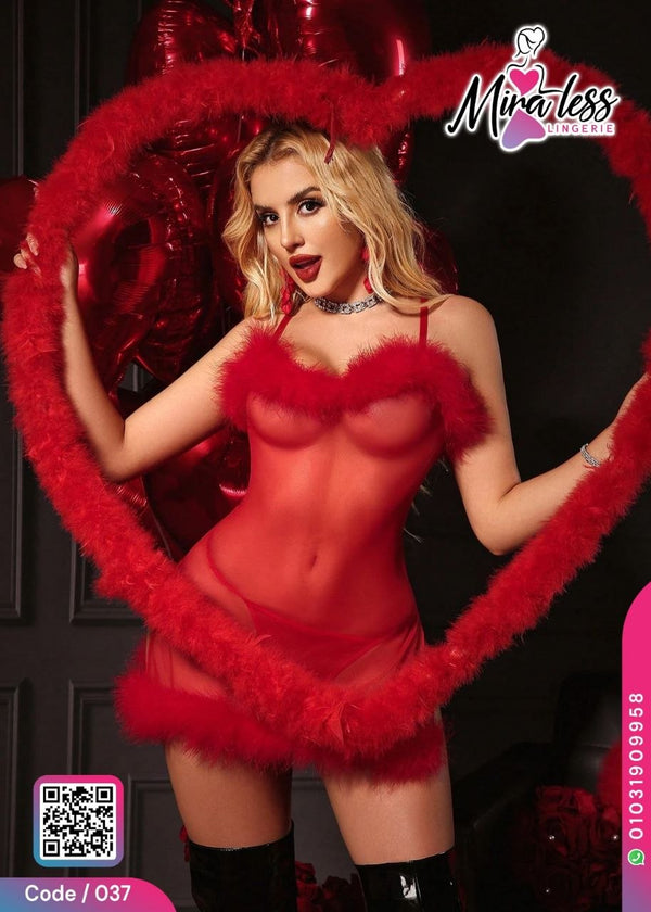 Women’s Red Sheer Lingerie Dress – Sexy Feather Nightwear